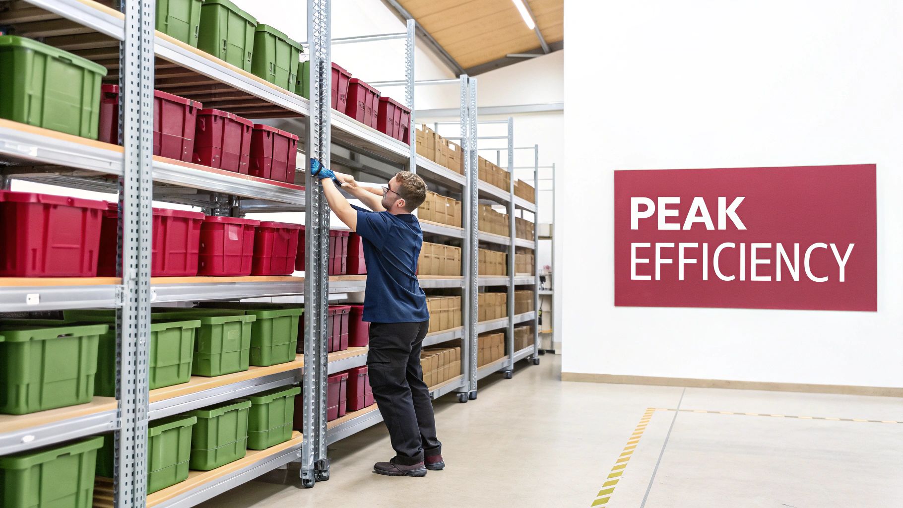 A worker organizes colorful red and green storage bins on tall warehouse shelving units.