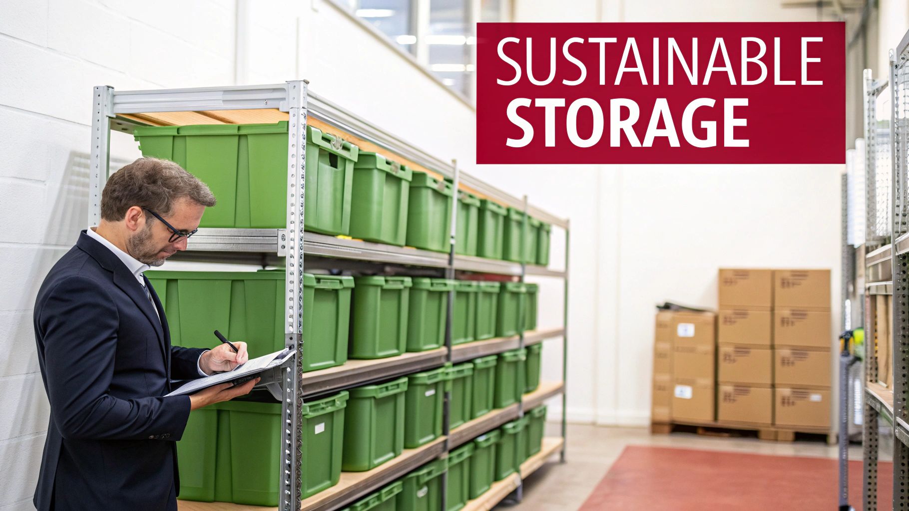 A man in a suit inspects green storage bins on shelves in a facility labeled 'Sustainable Storage'.