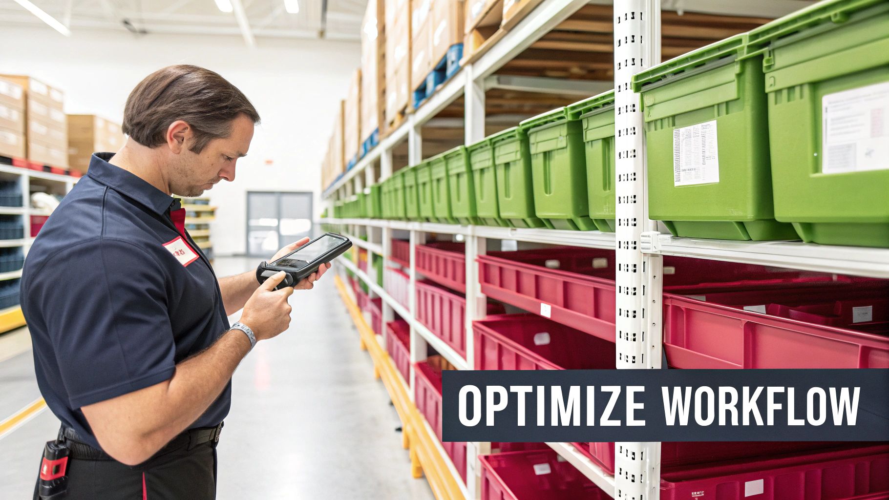 A worker scans items in a warehouse with rows of green and red storage bins.
