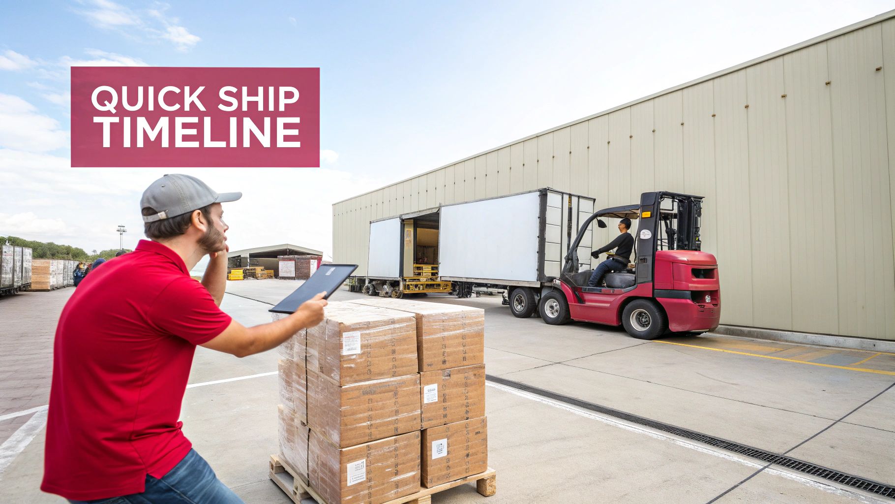Warehouse workers handling quick ship orders: man with tablet, forklift loading pallets into truck trailer.
