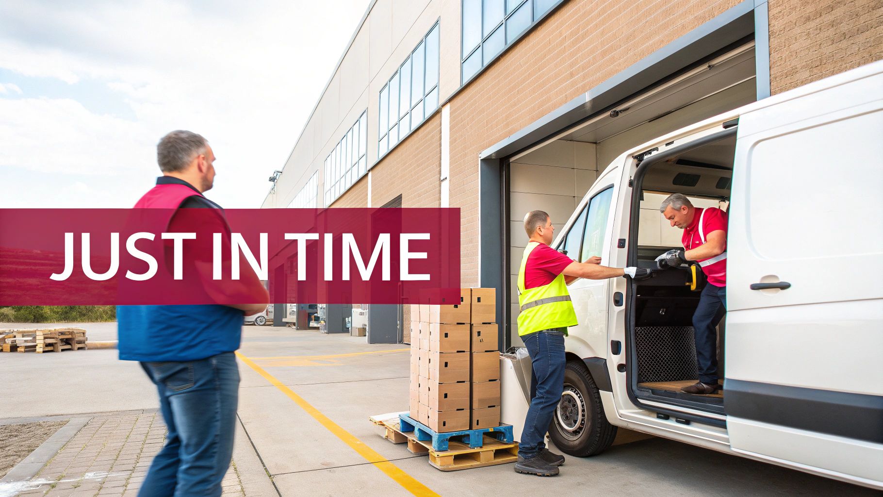 Two delivery workers loading boxes into a white van outside a warehouse, showcasing just-in-time.