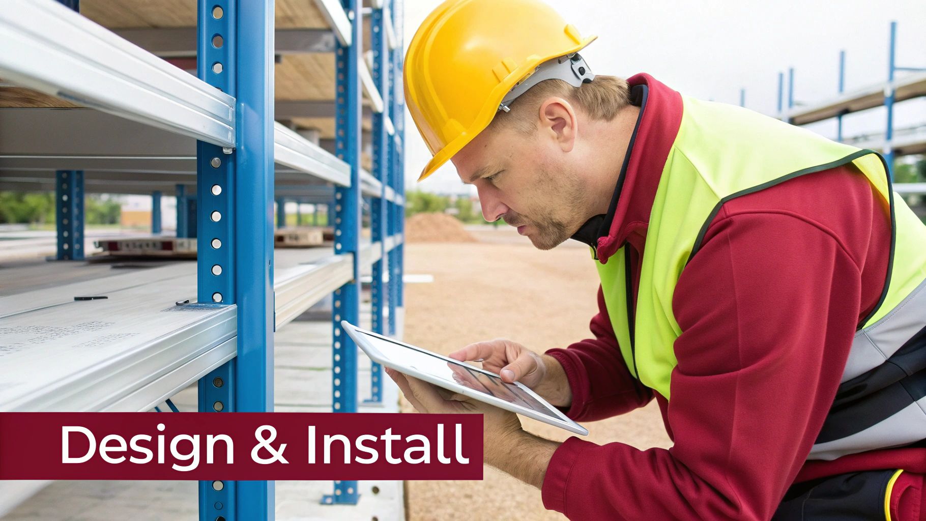 Professional in a hard hat and safety vest looking at a tablet beside warehouse racks.