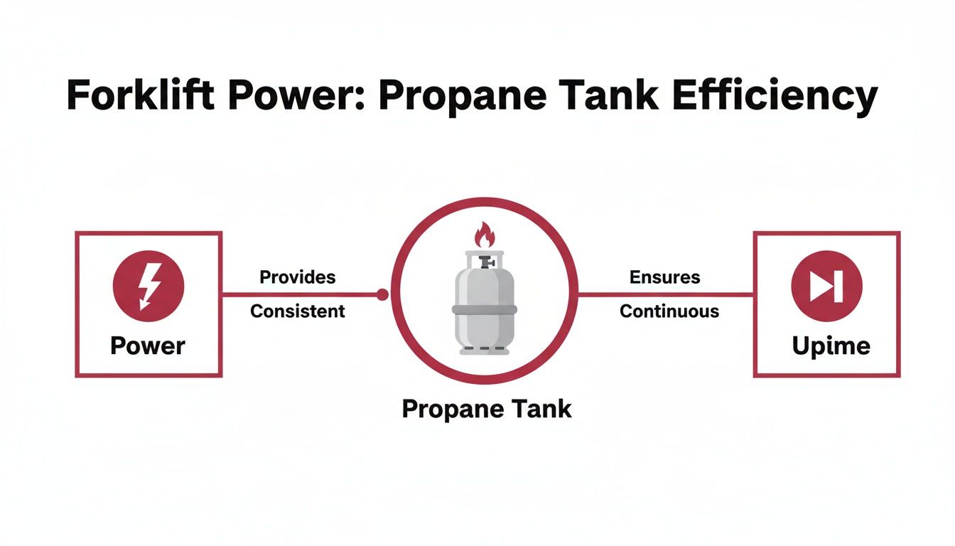 Diagram illustrating how a propane tank provides consistent power ensuring continuous uptime for forklifts.