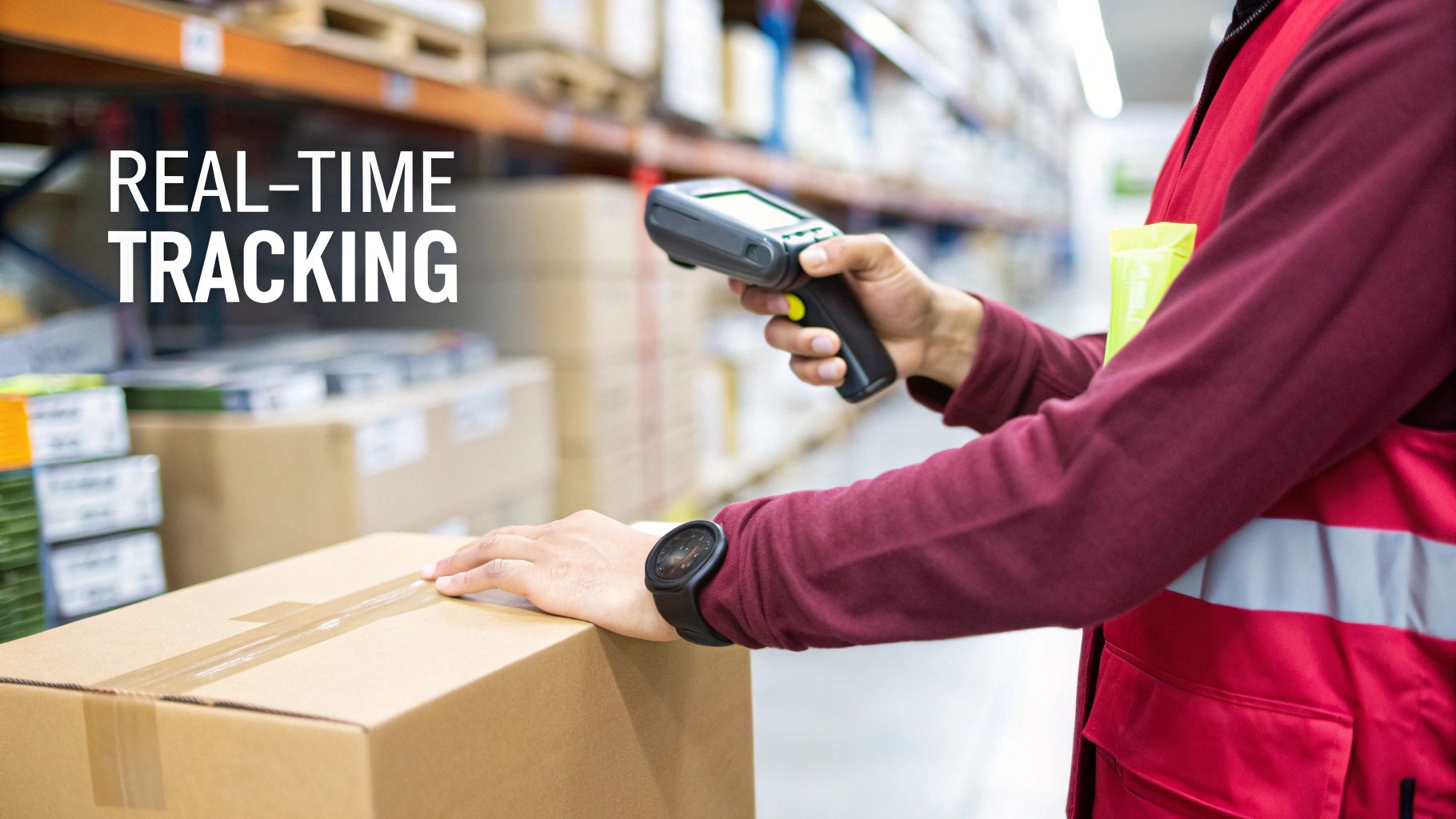 Warehouse worker scans a cardboard box with a barcode reader for real-time inventory tracking.