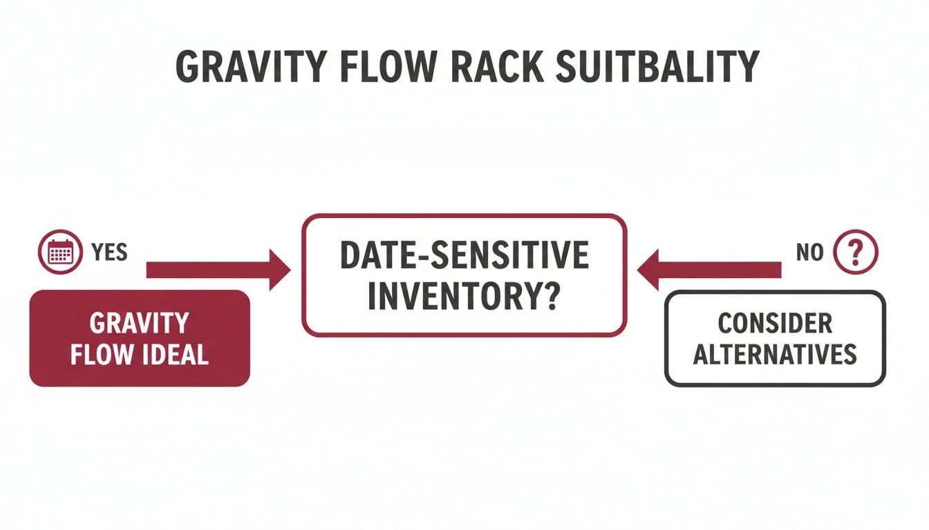 A flowchart determines gravity flow rack suitability, asking if inventory is date-sensitive, leading to ideal or alternative solutions.