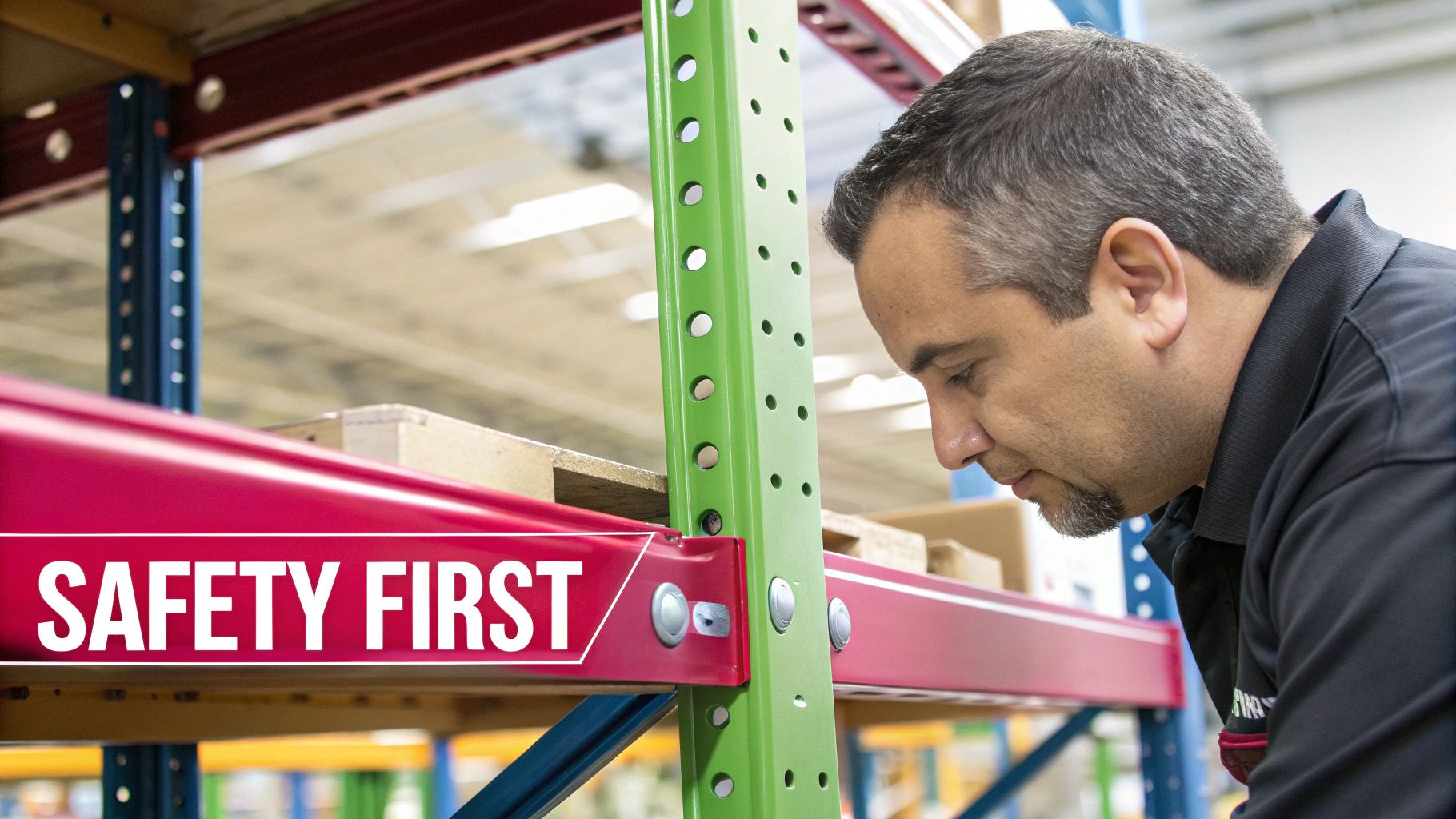 A man inspects a red and green pallet racking system with a 'SAFETY FIRST' sign in a parts department.