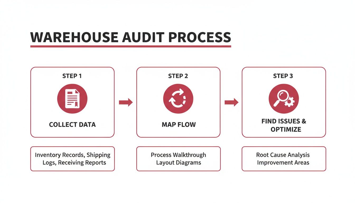 A flowchart detailing a three-step warehouse audit process: collect data, map flow, and optimize.