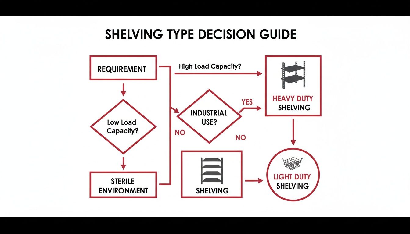 Flowchart guiding shelving type selection based on load capacity, industrial use, and sterile environment.