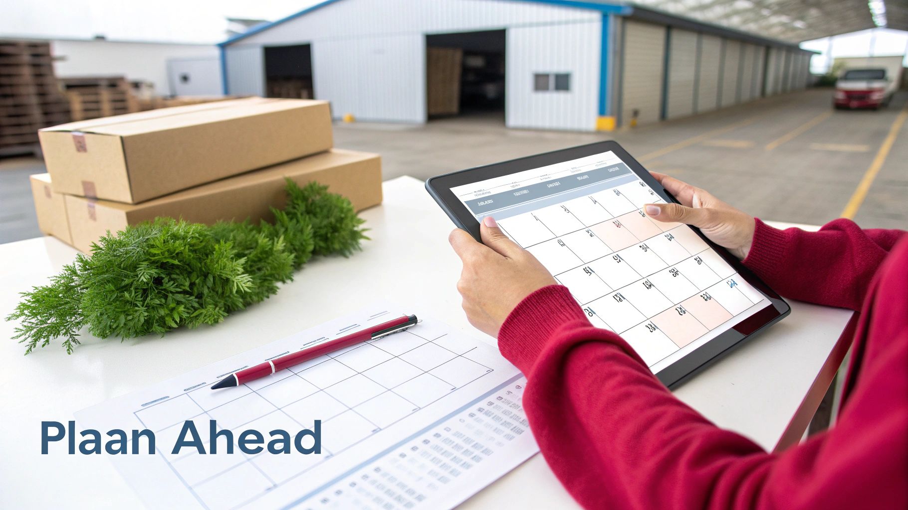 Hands holding a tablet showing a calendar, with shipping boxes and a warehouse in the background.