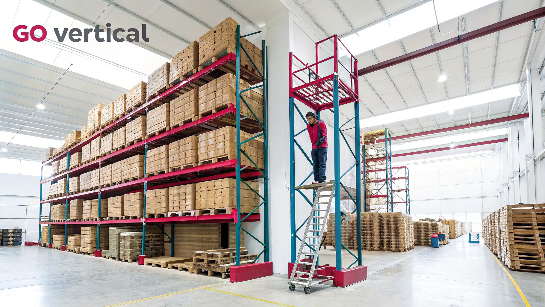 Worker on a mobile ladder platform in a vast warehouse, optimizing vertical storage space with high racks.