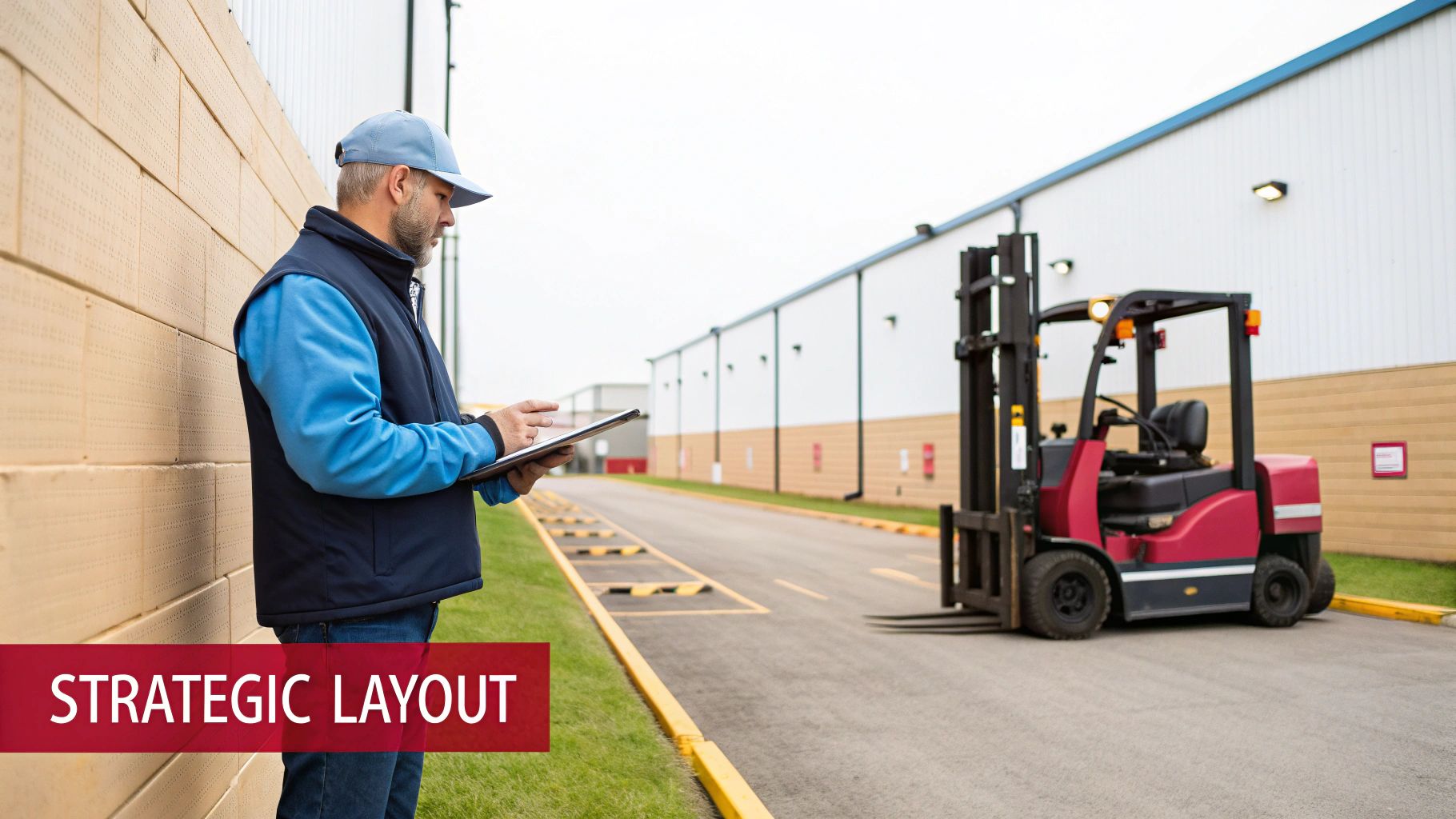 A man in a blue vest and cap inspects a tablet near a warehouse building with a red forklift parked.