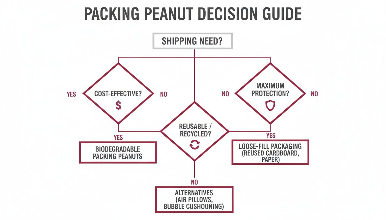 A packing peanut decision guide flowchart for choosing between different packing options based on shipping needs.