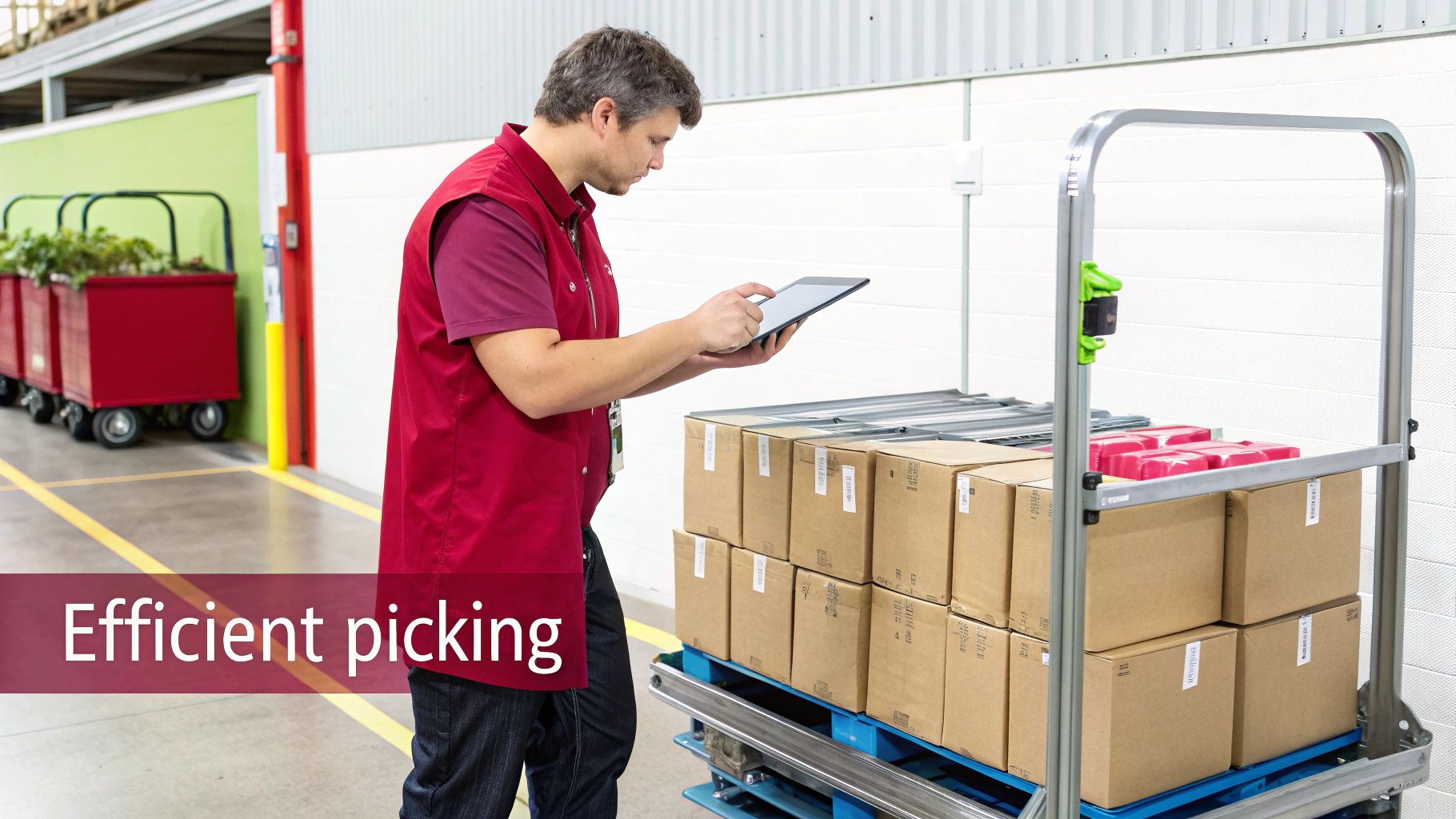 Warehouse workers picking goods alongside digital dashboards
