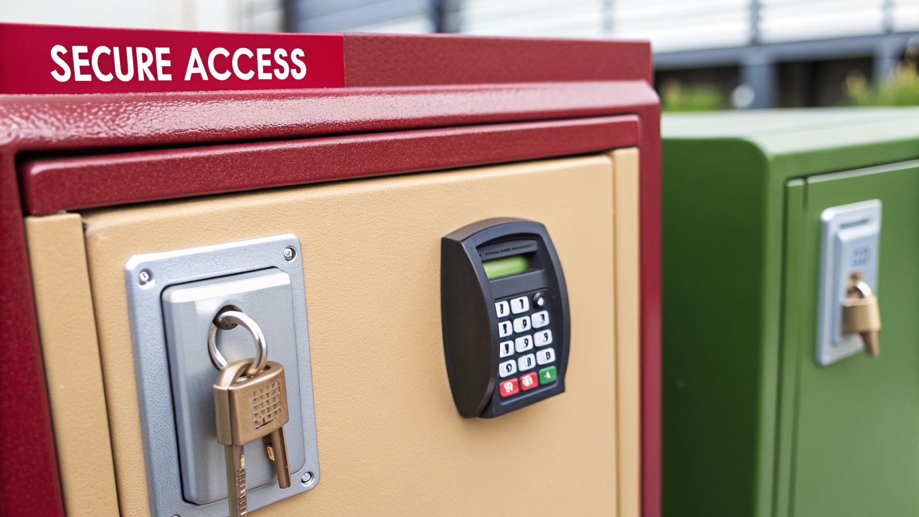 Close-up of secure storage boxes with various locking mechanisms including keys and digital keypad.