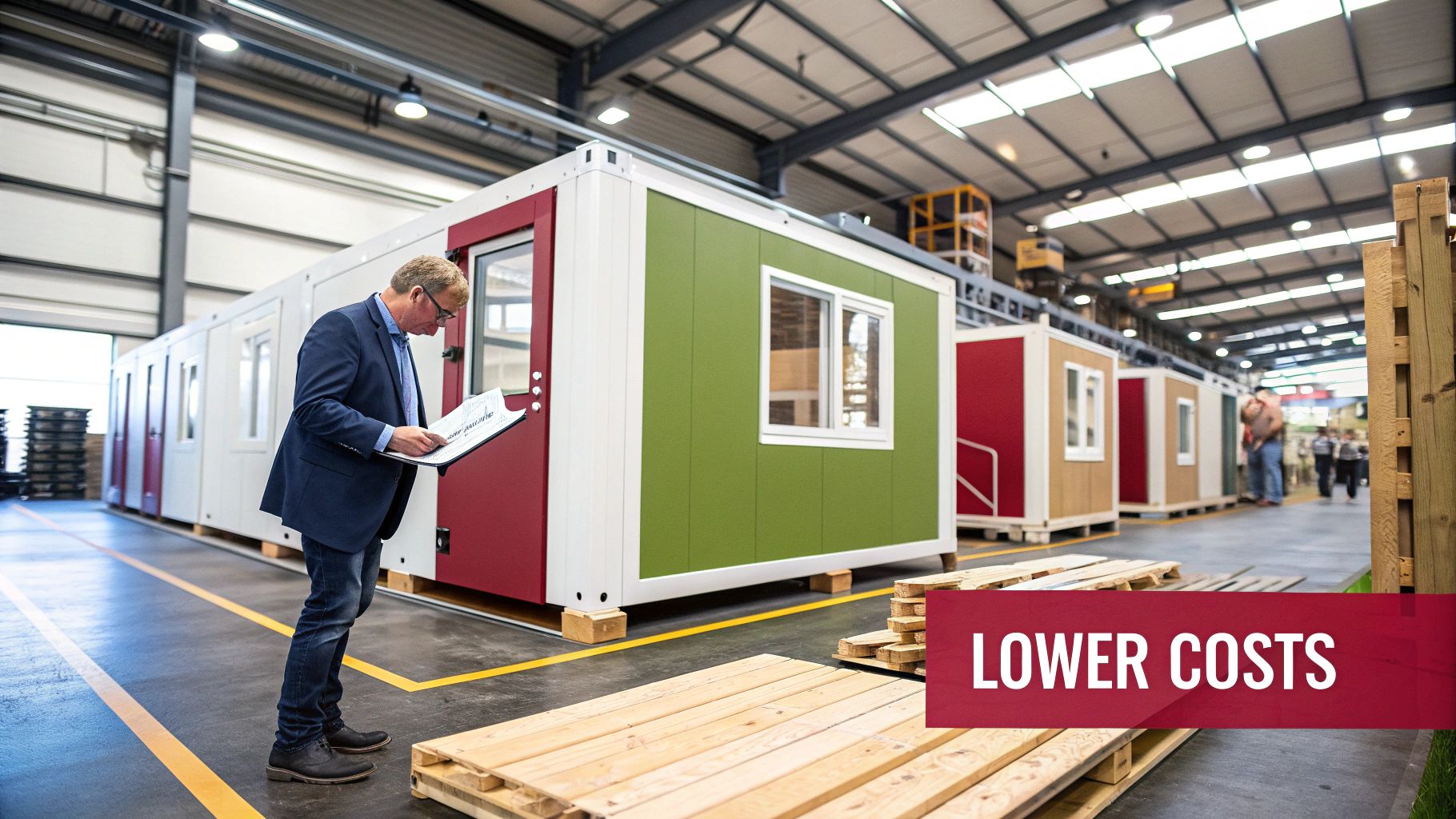 Man inspects plans next to colorful modular building units in a factory, signifying lower costs.