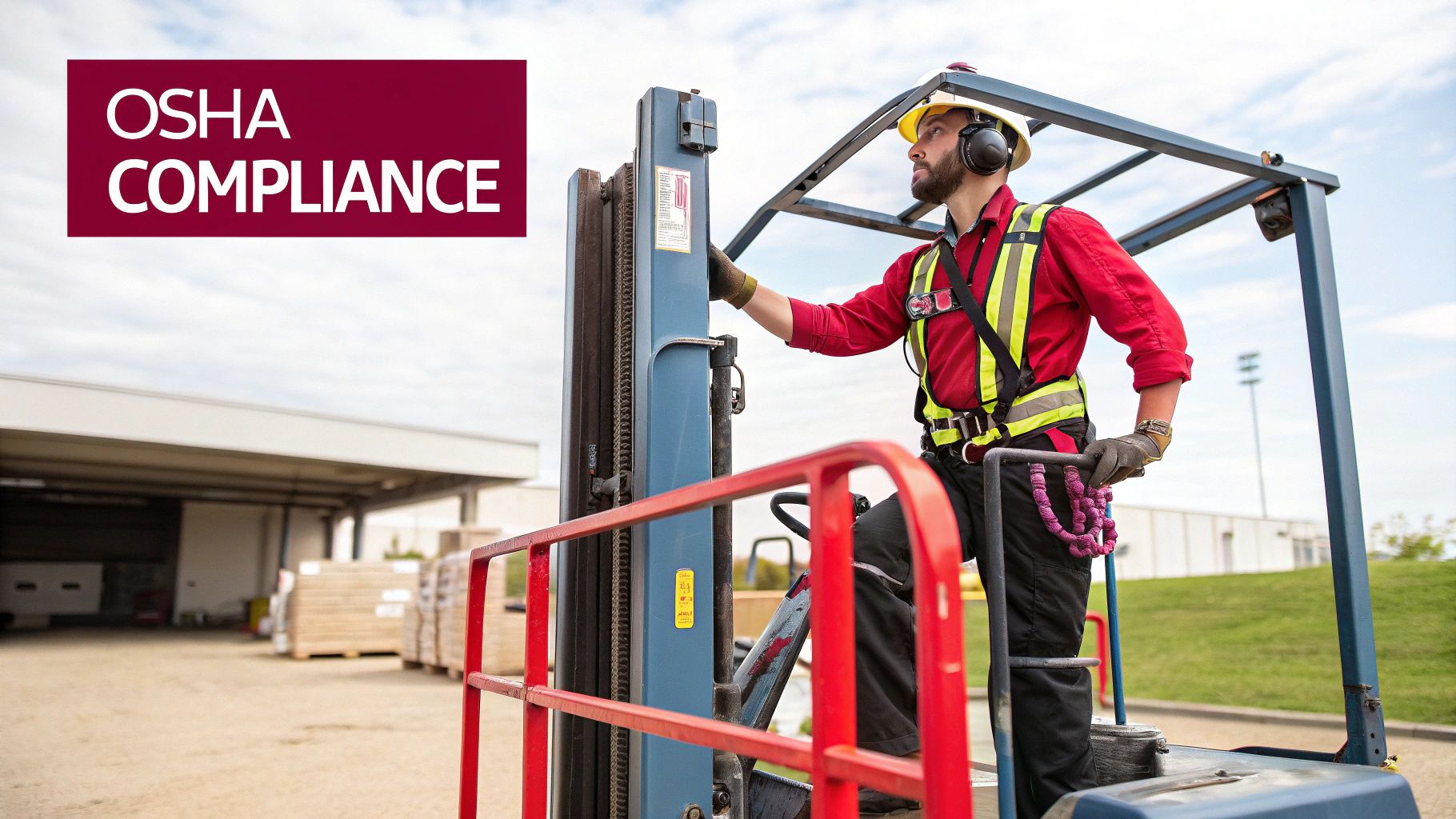 Worker on a forklift work platform, wearing safety gear for OSHA compliance.