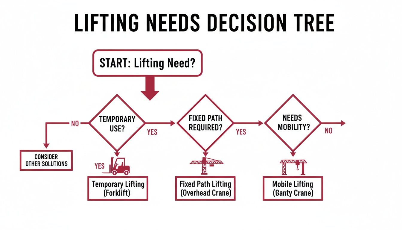 Decision tree outlining lifting solutions based on temporary use, fixed path, and mobility needs.