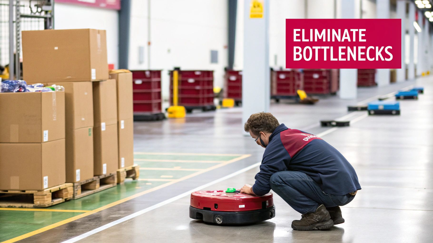 A man kneels to inspect a red robot in a warehouse with stacked boxes and other robots.