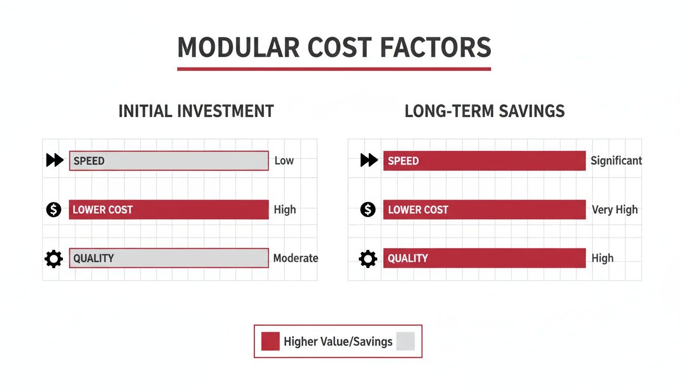 Bar chart illustrating modular cost factors, comparing initial investment to long-term savings for speed, cost, and quality.