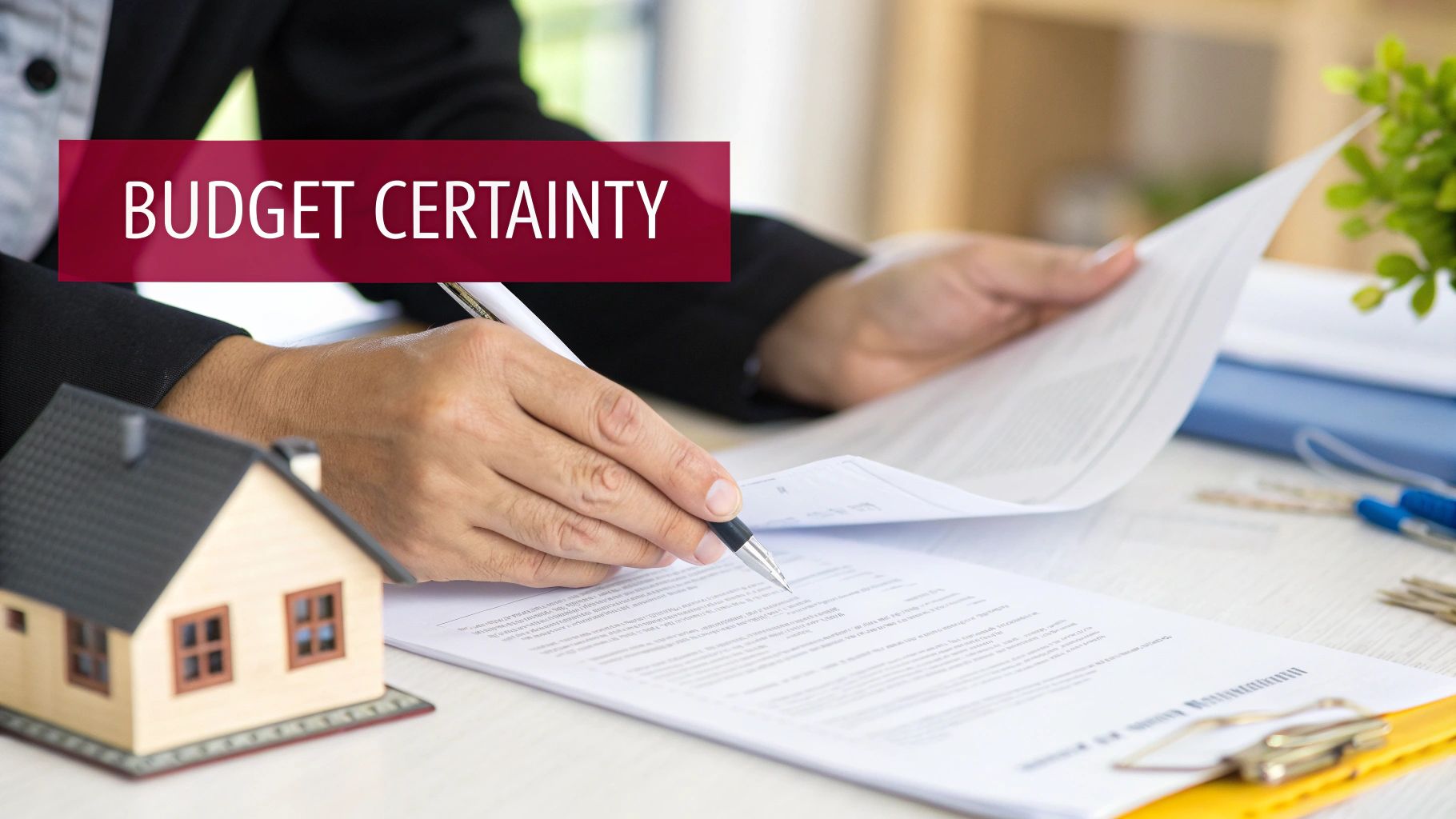 A person signs a real estate document with a pen, a model house nearby, and 'BUDGET CERTAINTY' displayed.