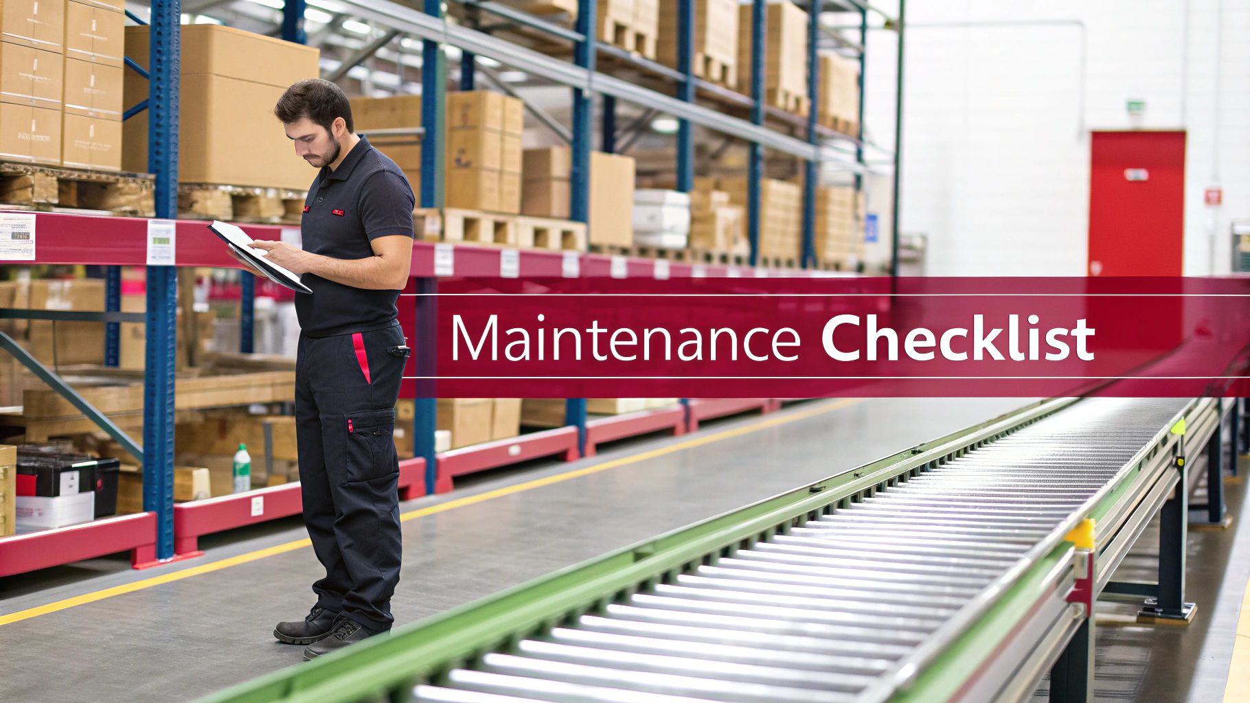 Man with clipboard checking inventory in a warehouse, featuring a conveyor belt and storage racks.