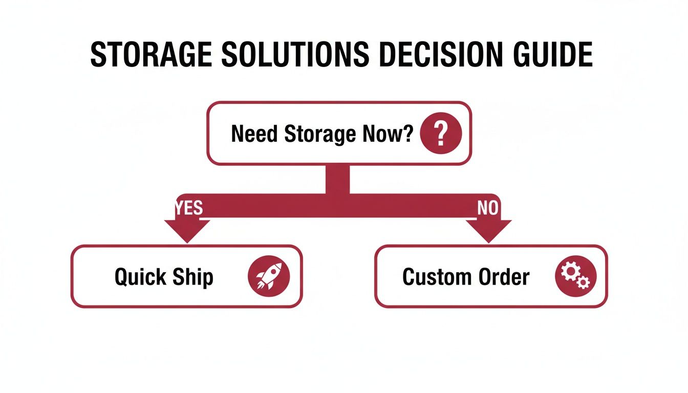 A storage solutions decision guide flowchart asking 'Need Storage Now?', leading to 'Quick Ship' or 'Custom Order'.