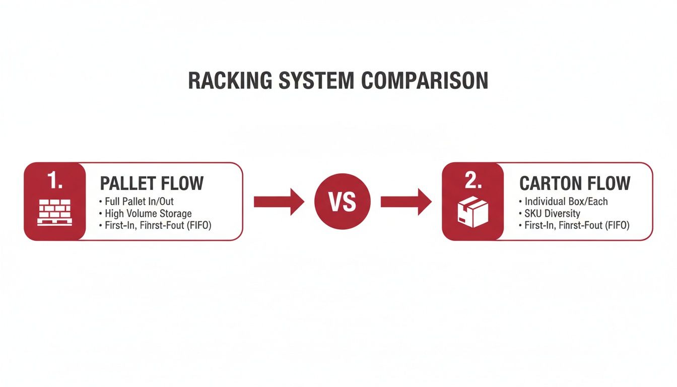 An infographic comparing Pallet Flow and Carton Flow racking systems, detailing features like volume, SKU diversity, and FIFO.