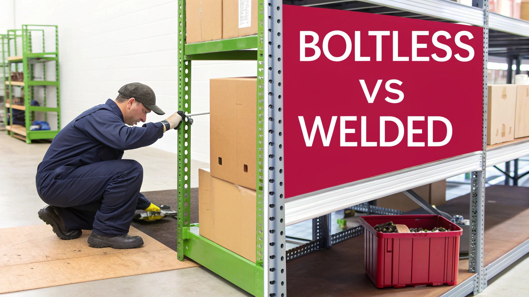A worker assembles green boltless shelving next to a red banner comparing boltless vs welded options.