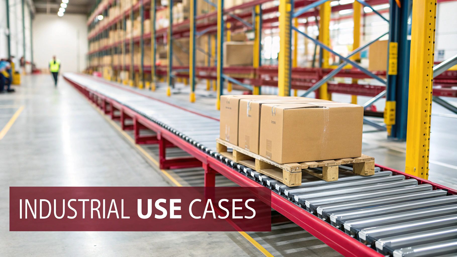 Palletized cardboard boxes are transported on a long roller conveyor system in a large industrial warehouse.