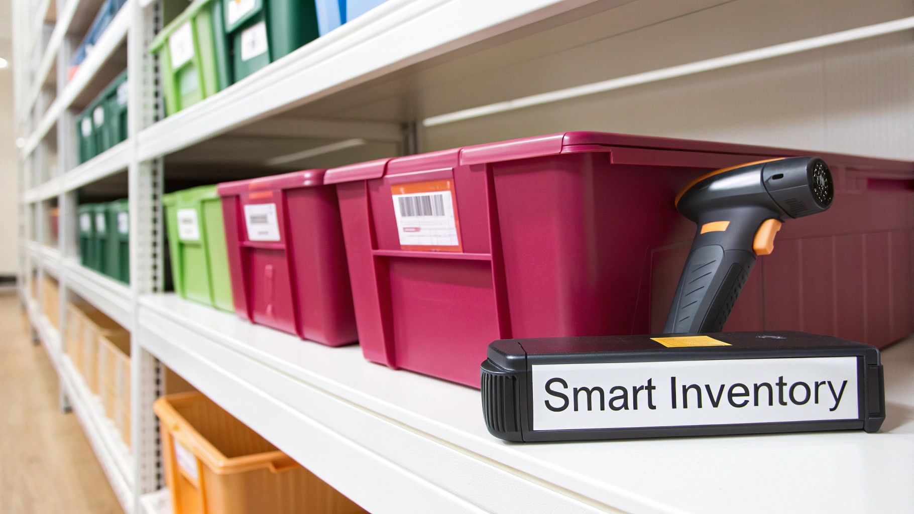 A barcode scanner and 'Smart Inventory' device on a shelf with colorful storage bins in a medical supply room.