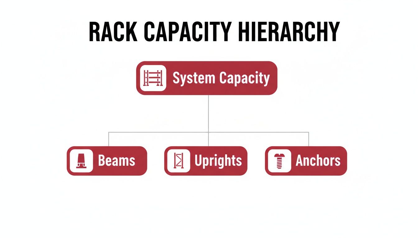 A hierarchy diagram illustrating rack system capacity, broken down into beams, uprights, and anchors.