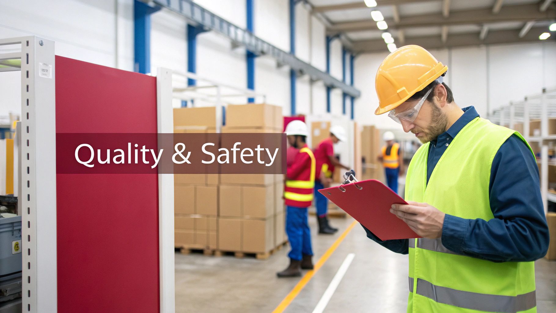 A man in a hard hat and safety vest reviews a clipboard in a warehouse, with 'Quality & Safety' text.