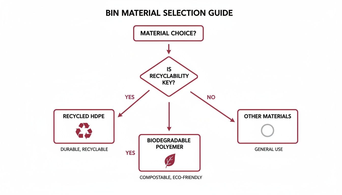 Flowchart for bin material selection, guiding choices between recycled HDPE, biodegradable polymer, and other materials.