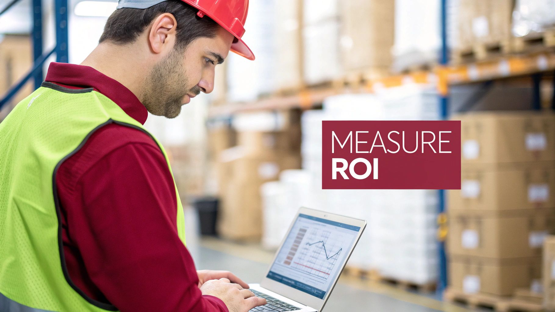 A male worker in a hard hat and safety vest monitors data on a laptop in a warehouse, with 'MEASURE ROI' text.