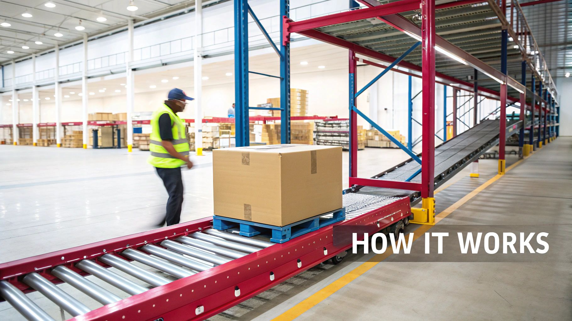 A worker walks past a box on a gravity flow rack conveyor system in a large, organized warehouse.
