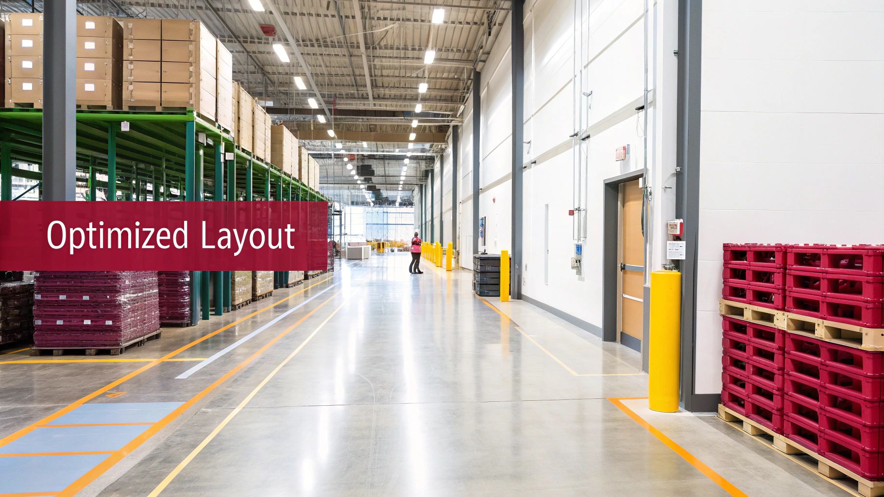 A bright, organized warehouse with tall storage racks, clear floor markings, and a person in an aisle.