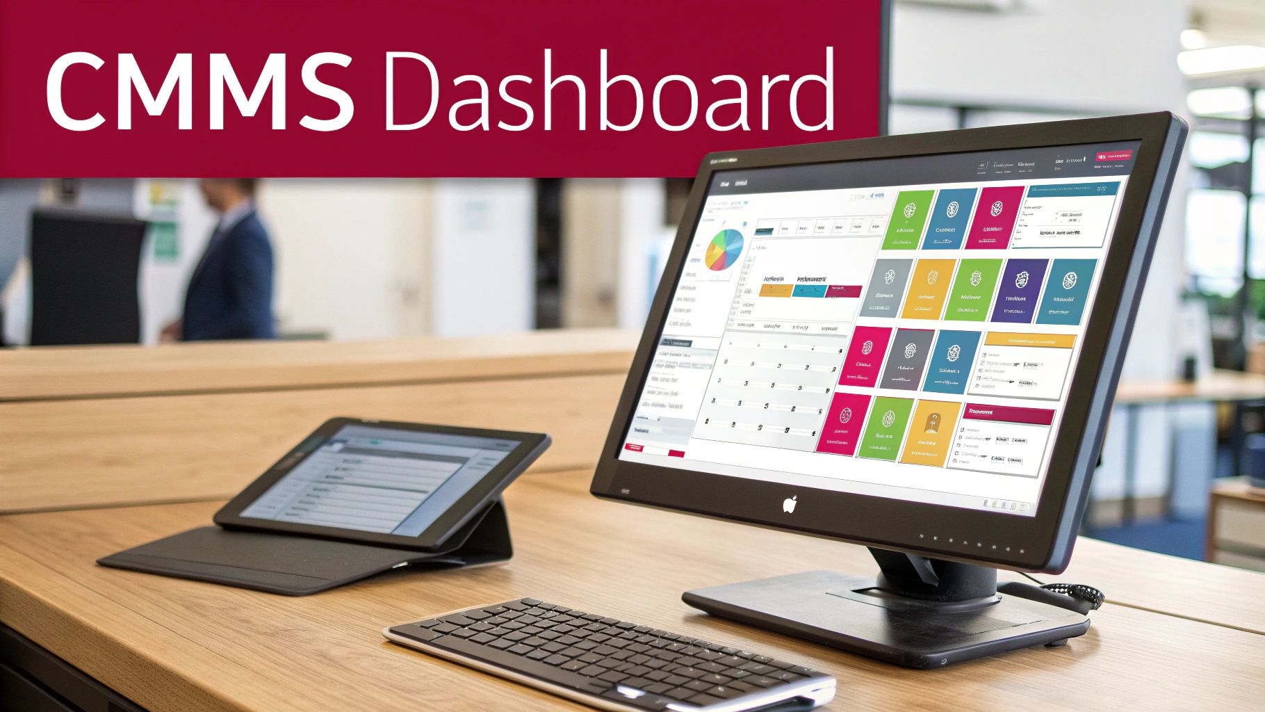 A computer monitor displaying a CMMS dashboard with colorful tiles and charts, next to a tablet on a wooden desk.