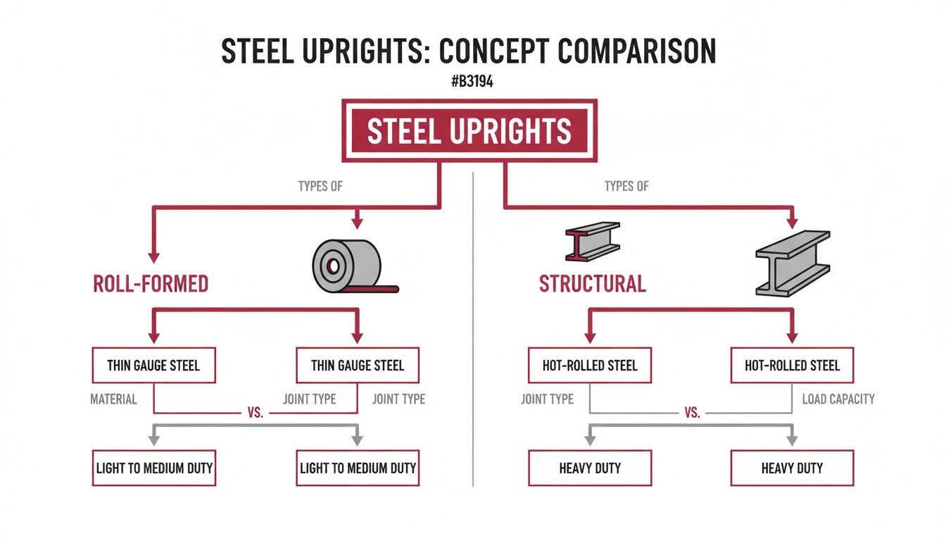 A detailed comparison infographic showing the manufacturing process and ideal applications for Roll Formed versus Structural Steel warehouse racking uprights.