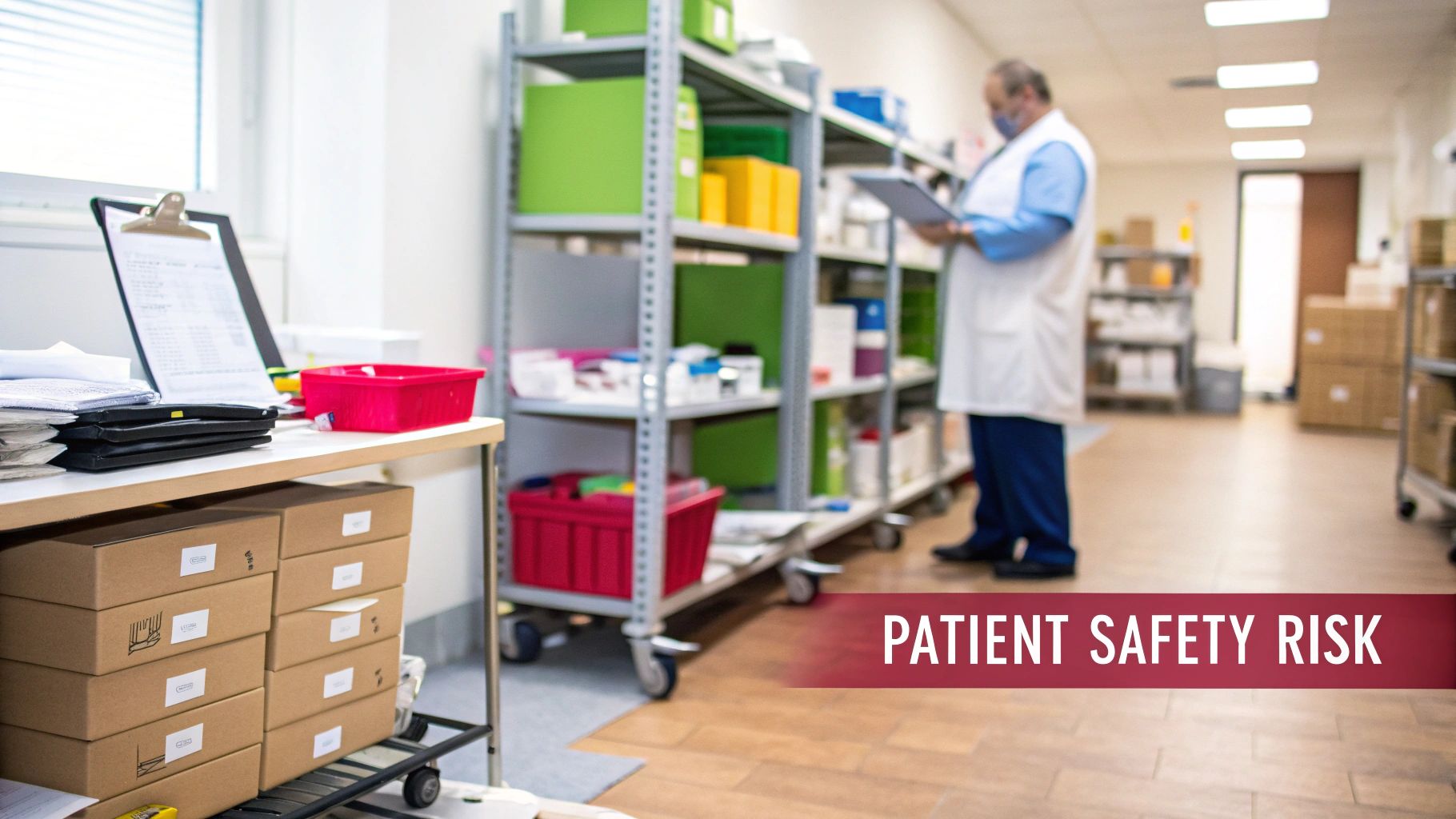 A medical professional checking inventory on shelves filled with various medical supplies, highlighting a patient safety risk.