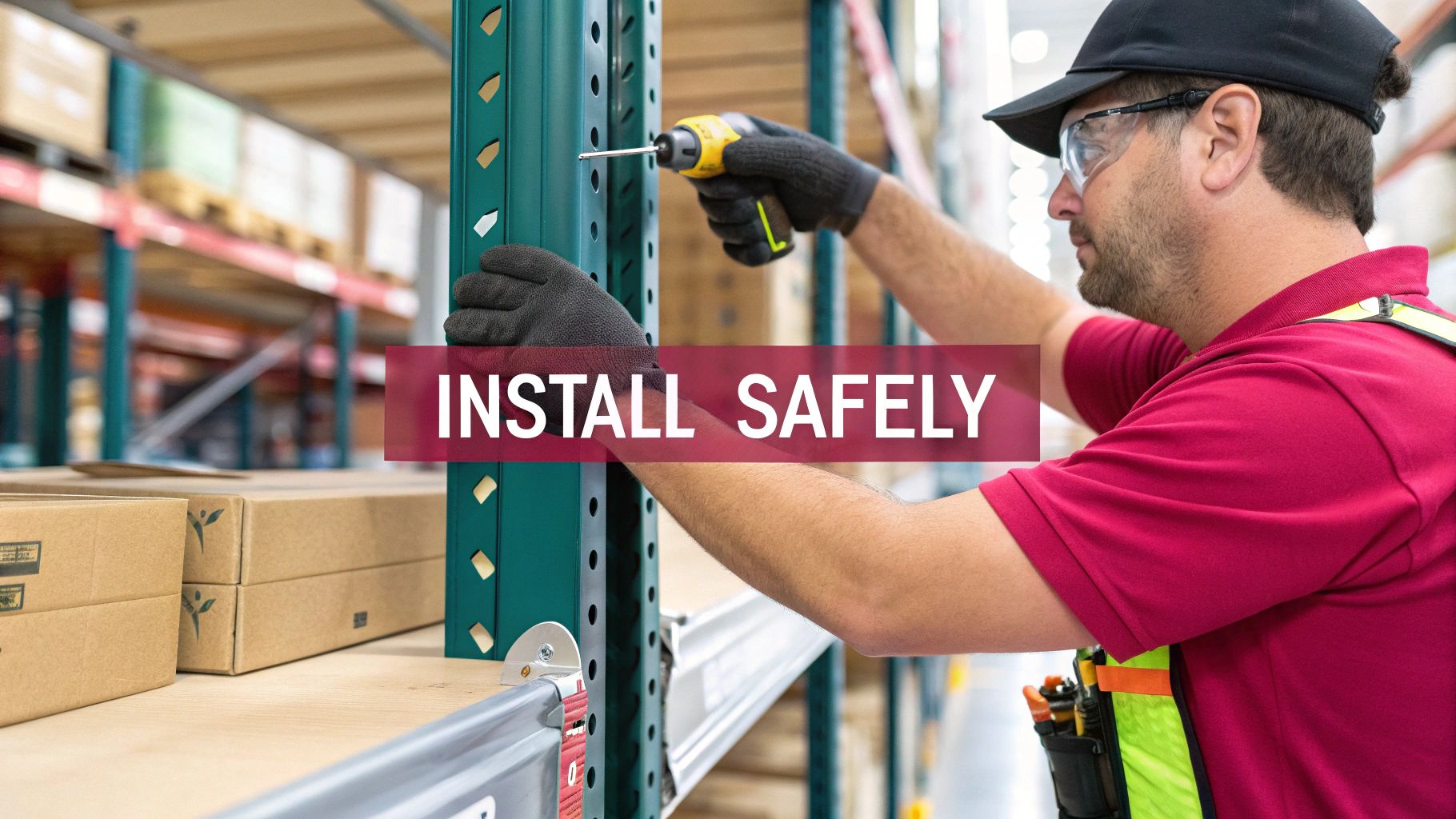 Man wearing safety gear installs a new shelf on a green pallet rack in a warehouse.