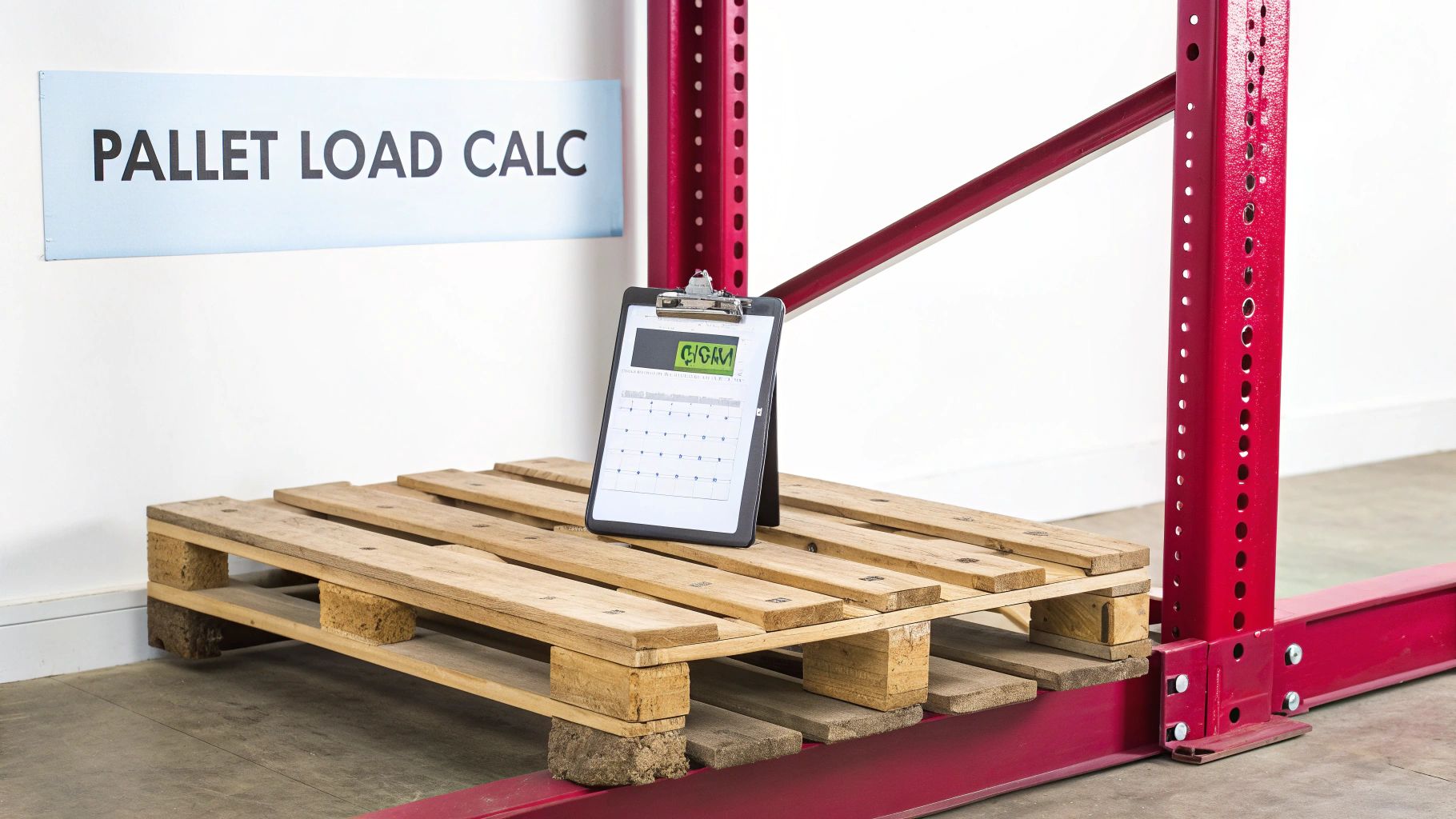 A wooden pallet next to a red industrial rack, with a 'PALLET LOAD CALC' sign and a clipboard.