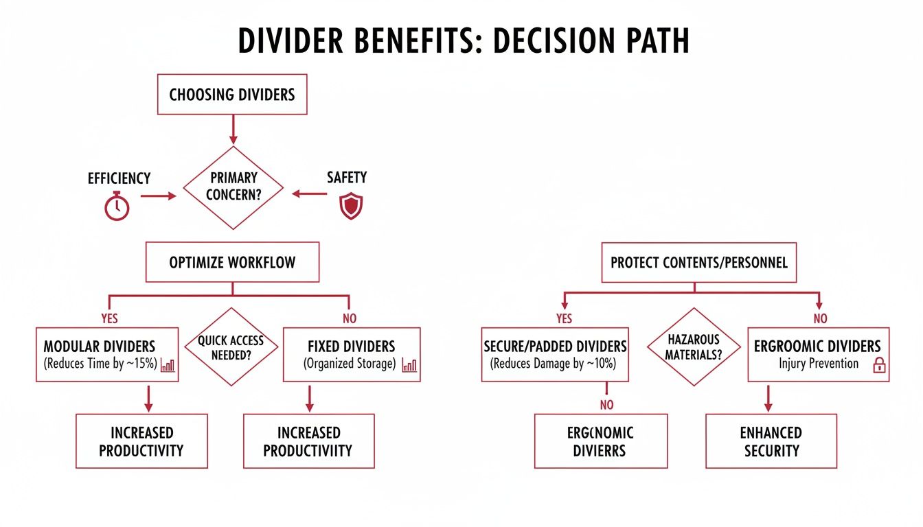 Flowchart illustrating a decision path for choosing dividers based on efficiency and safety benefits.