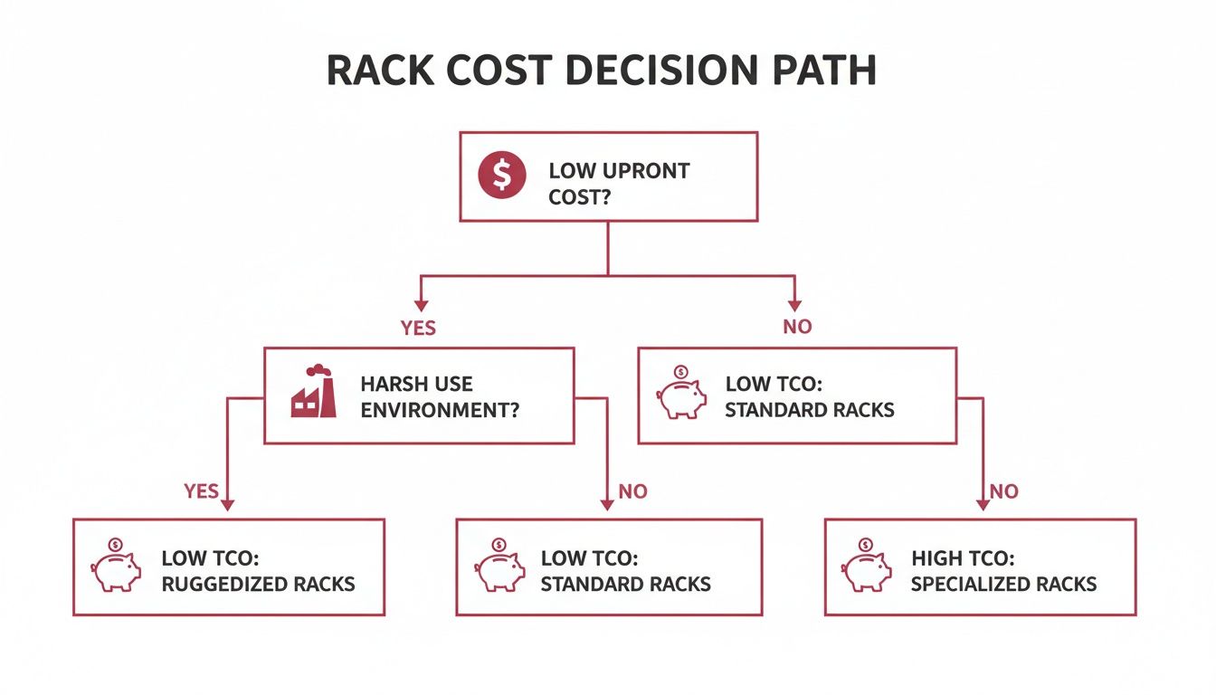 Flowchart detailing rack cost decision path based on upfront cost and environment, leading to different rack types.