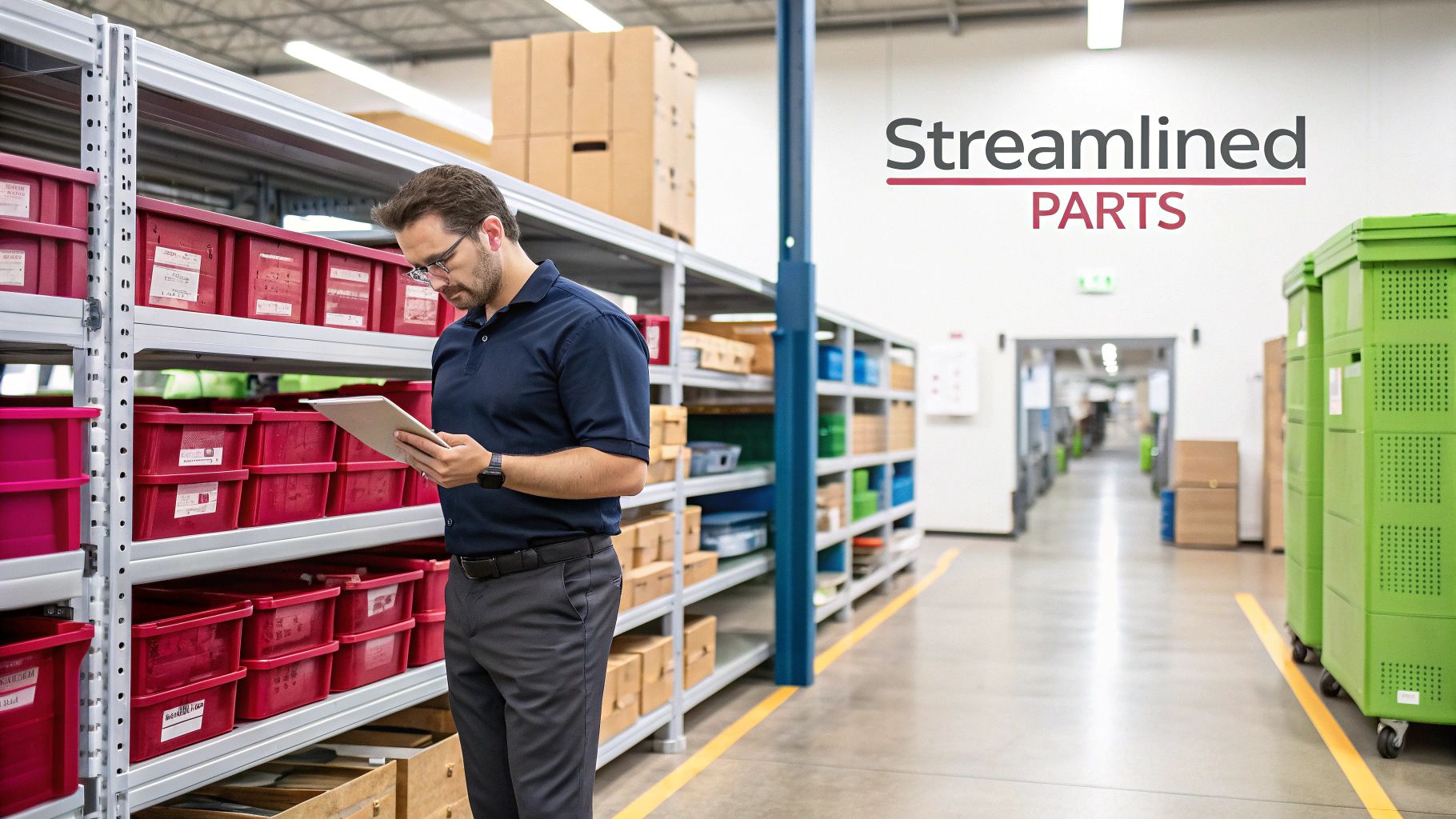 Man checking inventory with a tablet in a well-organized parts department with shelves.