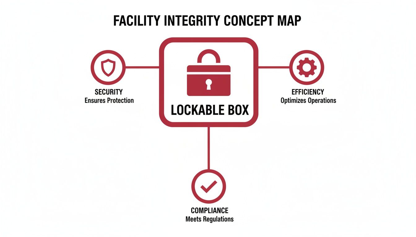 A concept map illustrating facility integrity with a lockable box icon connected to security, efficiency, and compliance.