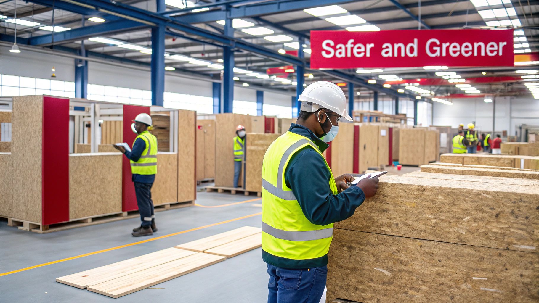 Workers in safety gear inspect modular building components in a factory with a 'Safer and Greener' banner.