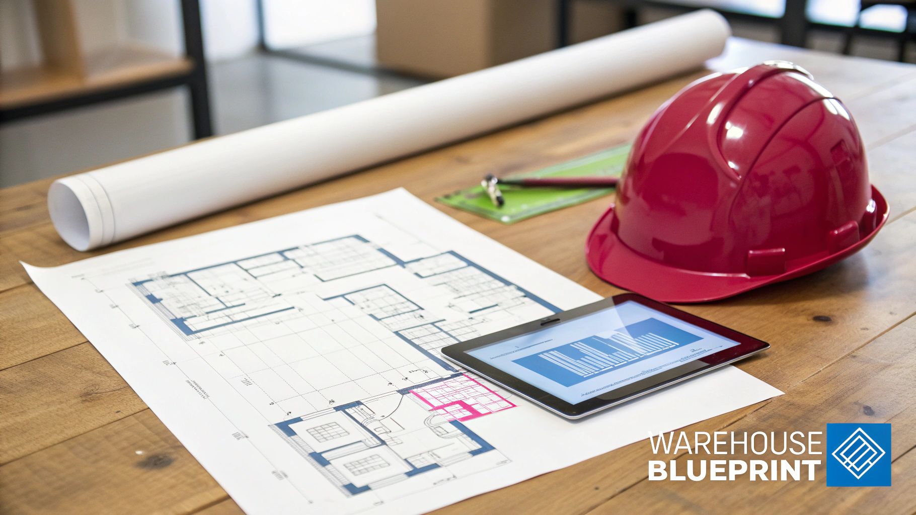 Warehouse blueprint, tablet, and red hard hat on a wooden desk with measuring tools.