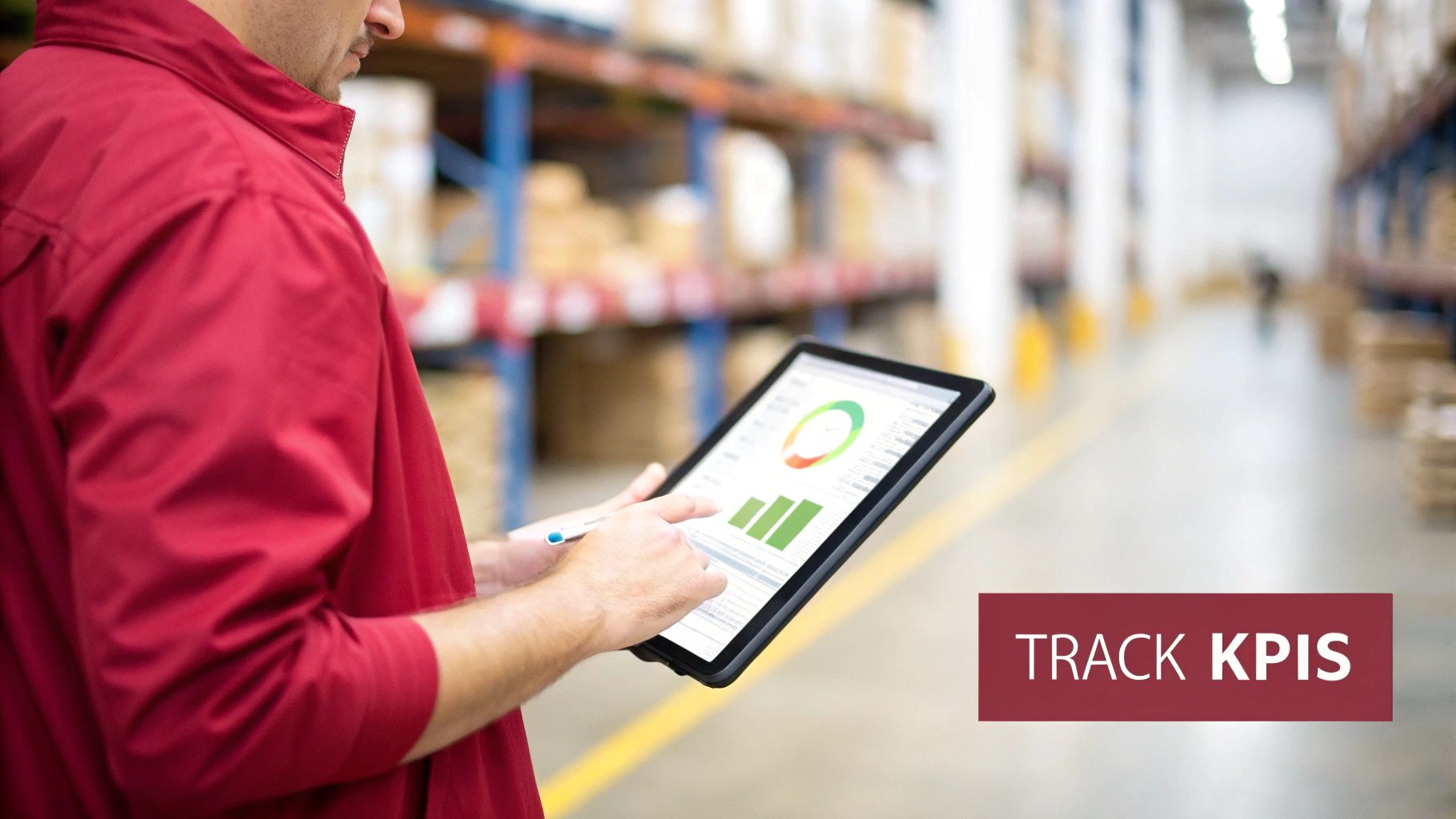 Man in a red shirt tracking key performance indicators on a tablet in a warehouse.