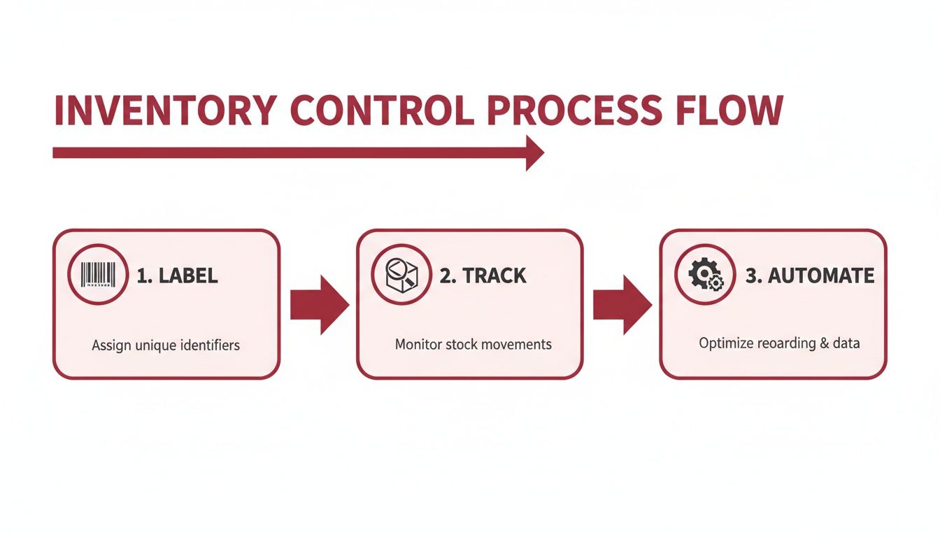 A flow chart illustrating the inventory control process, detailing steps for labeling, tracking, and automating stock management.