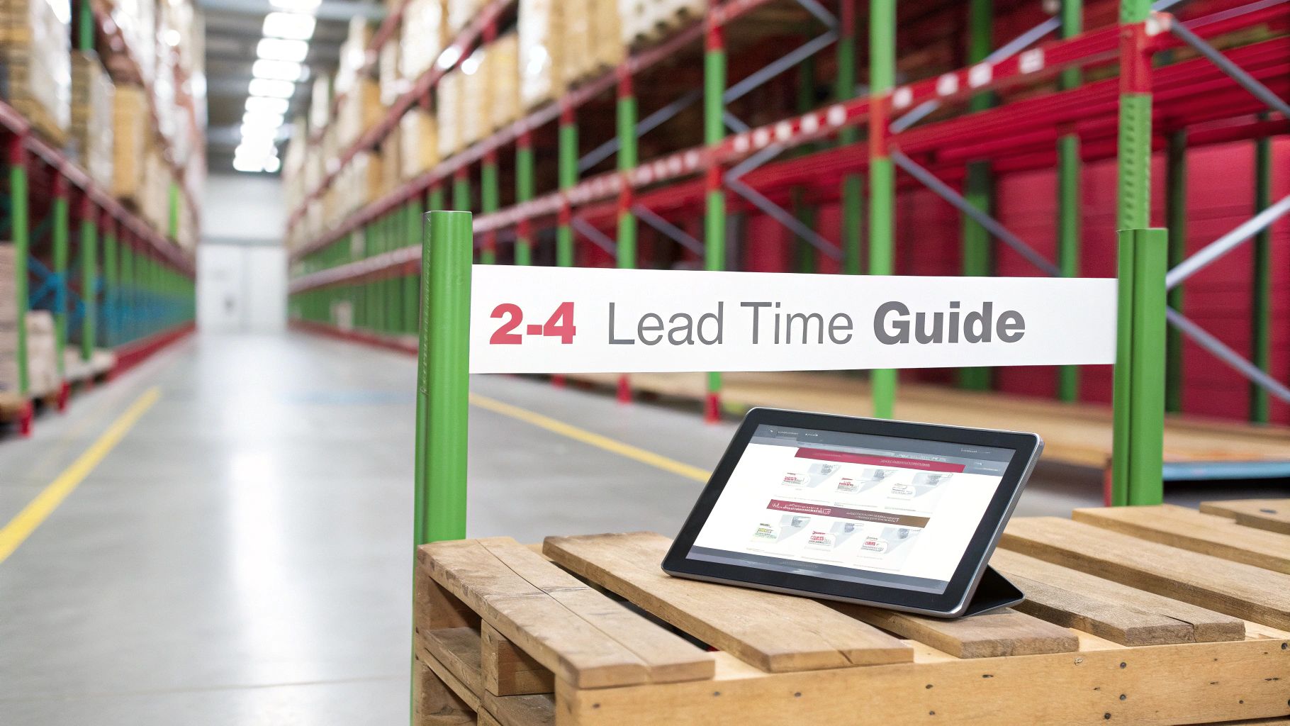 A tablet displaying a lead time guide rests on a wooden pallet in a spacious warehouse aisle.